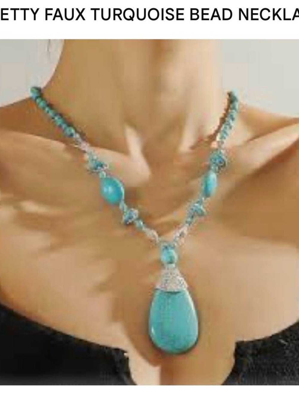 Fashion Jewelry Simulated Turquoise Blue Bead Teardrop Silver tone Necklace 28”